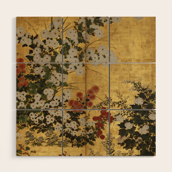 White Red Chrysanthemums Floral Japanese Gold Screen Wood Wall Art Gallery Image 1