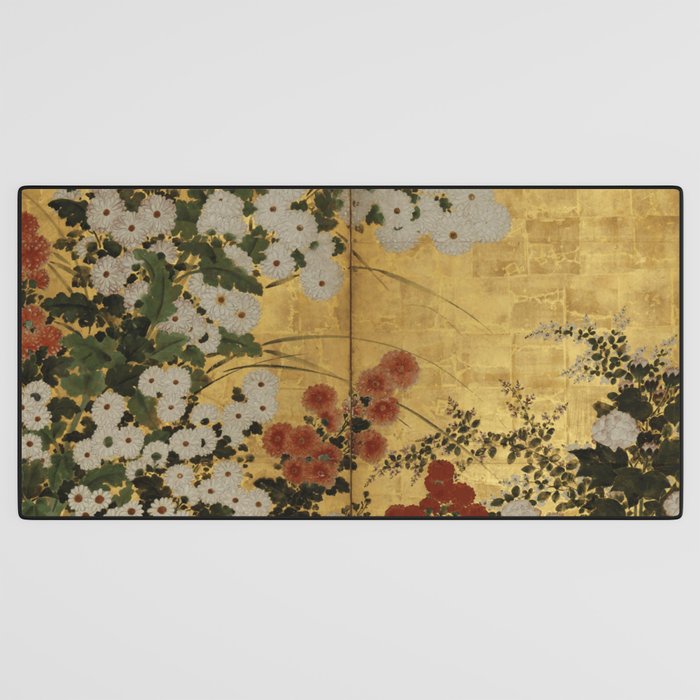 White Red Chrysanthemums Floral Japanese Gold Screen Desk Mat Gallery Image 3