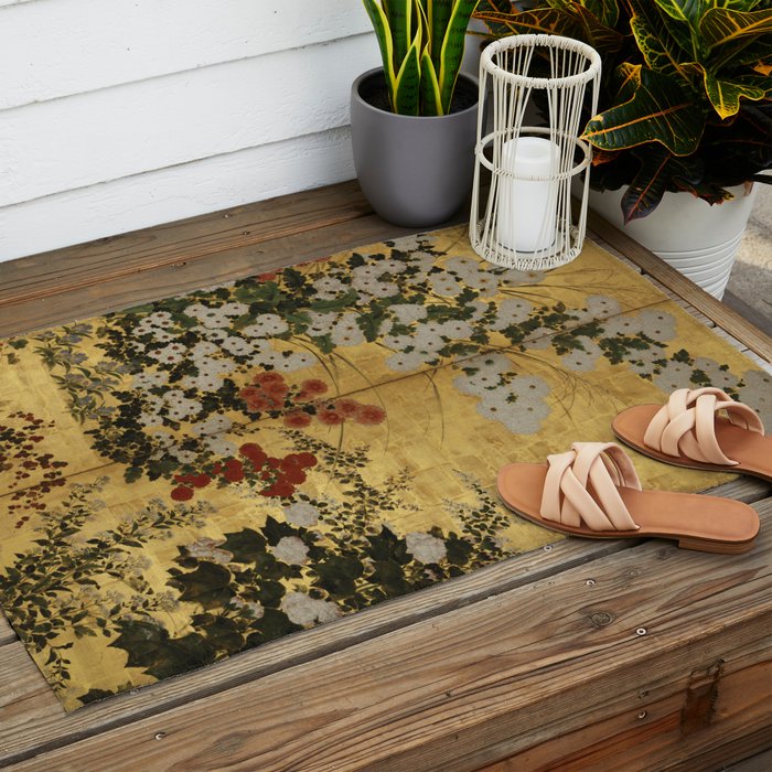 White Red Chrysanthemums Floral Japanese Gold Screen Outdoor Rug Gallery Image 2