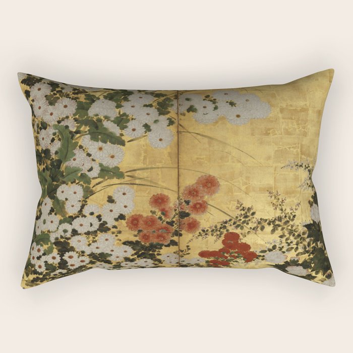 White Red Chrysanthemums Floral Japanese Gold Screen Rectangular Pillow Gallery Image 2