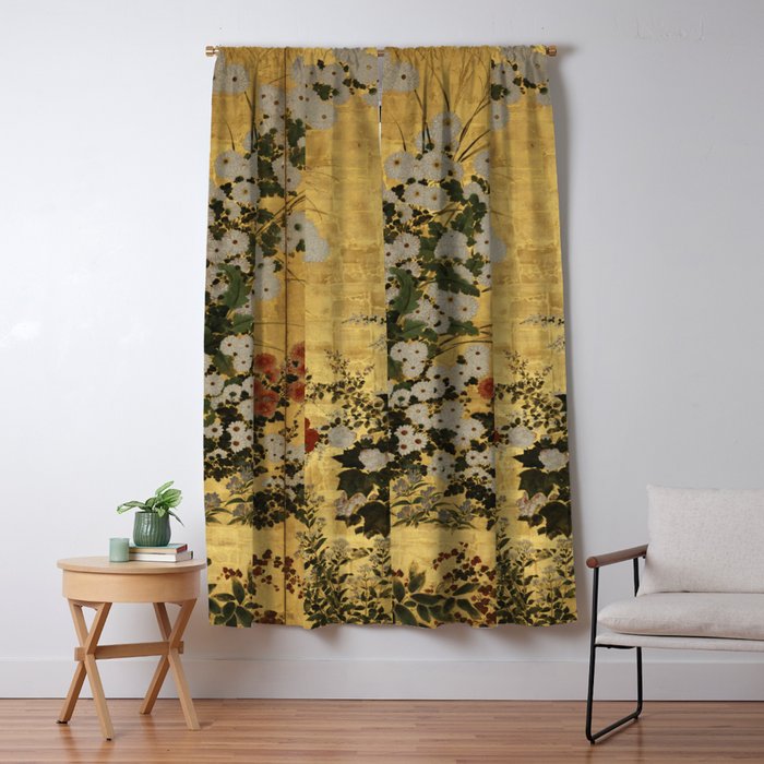 White Red Chrysanthemums Floral Japanese Gold Screen Window Curtain Gallery Image 5
