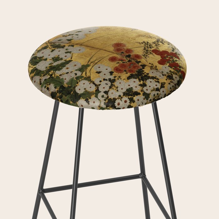 White Red Chrysanthemums Floral Japanese Gold Screen Stool Gallery Image 2
