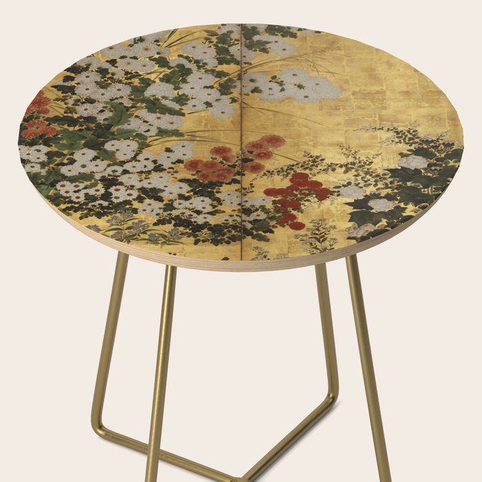 White Red Chrysanthemums Floral Japanese Gold Screen Side Table Gallery Image 2