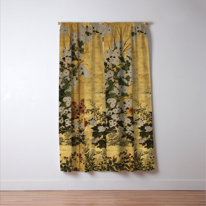 White Red Chrysanthemums Floral Japanese Gold Screen Window Curtain Gallery Image 3