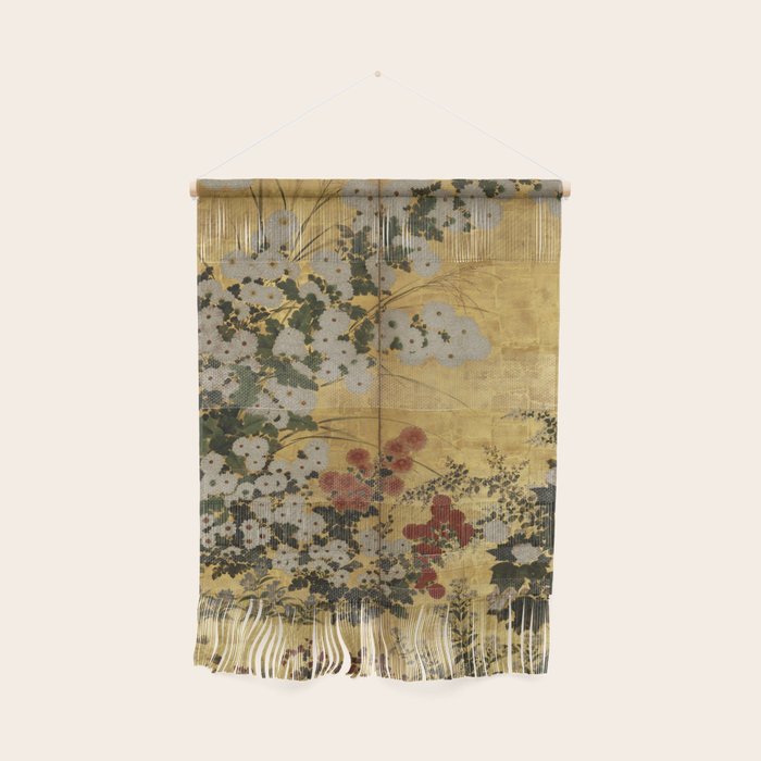 White Red Chrysanthemums Floral Japanese Gold Screen Wall Hanging Gallery Image 1