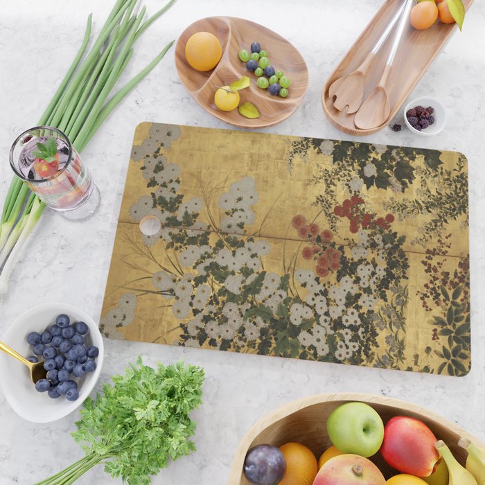 White Red Chrysanthemums Floral Japanese Gold Screen Cutting Board Gallery Image 2