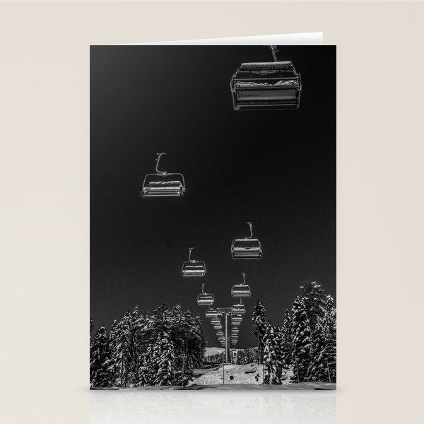 Winter ski slope chair lift amid frozen rime and ice of mountain woods beautiful landscape black and white photograph - photography - photographs Stationery Card Gallery Image 1