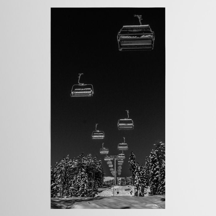 Winter ski slope chair lift amid frozen rime and ice of mountain woods beautiful landscape black and white photograph - photography - photographs Tablecloth Gallery Image 2