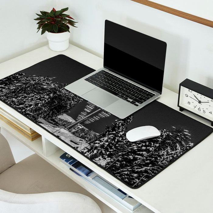Winter ski slope chair lift amid frozen rime and ice of mountain woods beautiful landscape black and white photograph - photography - photographs Desk Mat Gallery Image 2
