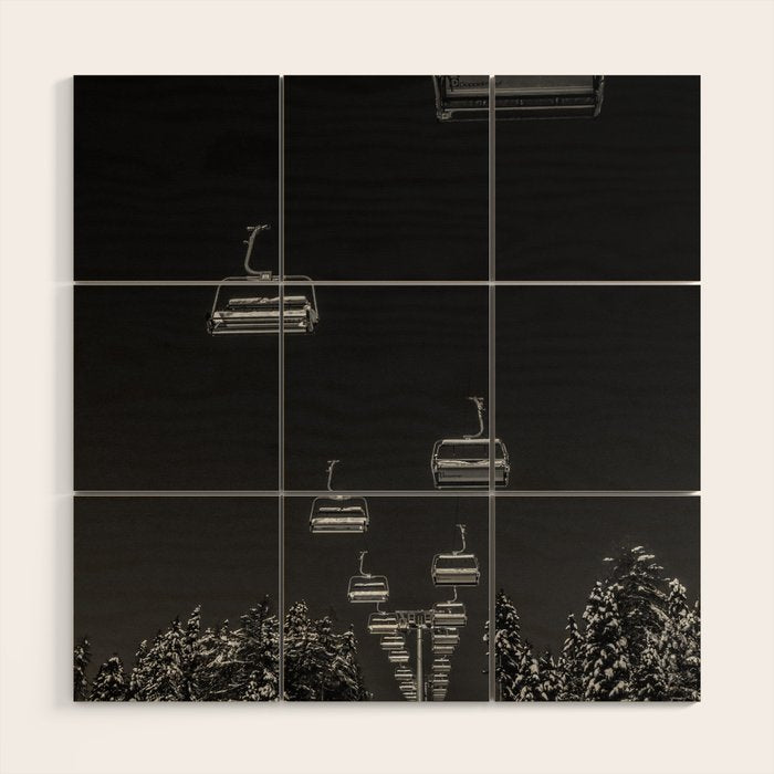 Winter ski slope chair lift amid frozen rime and ice of mountain woods beautiful landscape black and white photograph - photography - photographs Wood Wall Art Gallery Image 1