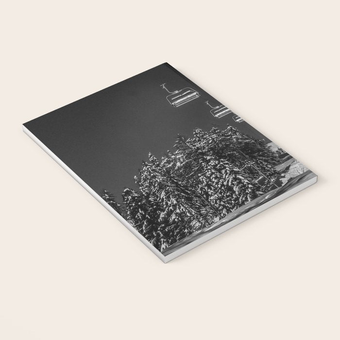 Winter ski slope chair lift amid frozen rime and ice of mountain woods beautiful landscape black and white photograph - photography - photographs Notebook Gallery Image 3