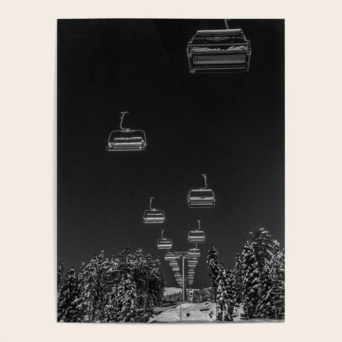Winter ski slope chair lift amid frozen rime and ice of mountain woods beautiful landscape black and white photograph - photography - photographs Poster Gallery Image 1