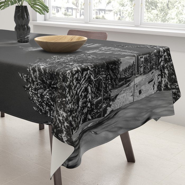 Winter ski slope chair lift amid frozen rime and ice of mountain woods beautiful landscape black and white photograph - photography - photographs Tablecloth Gallery Image 3