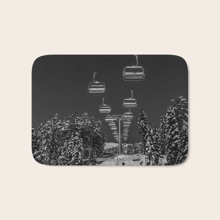 Winter ski slope chair lift amid frozen rime and ice of mountain woods beautiful landscape black and white photograph - photography - photographs Bath Mat Gallery Image 1