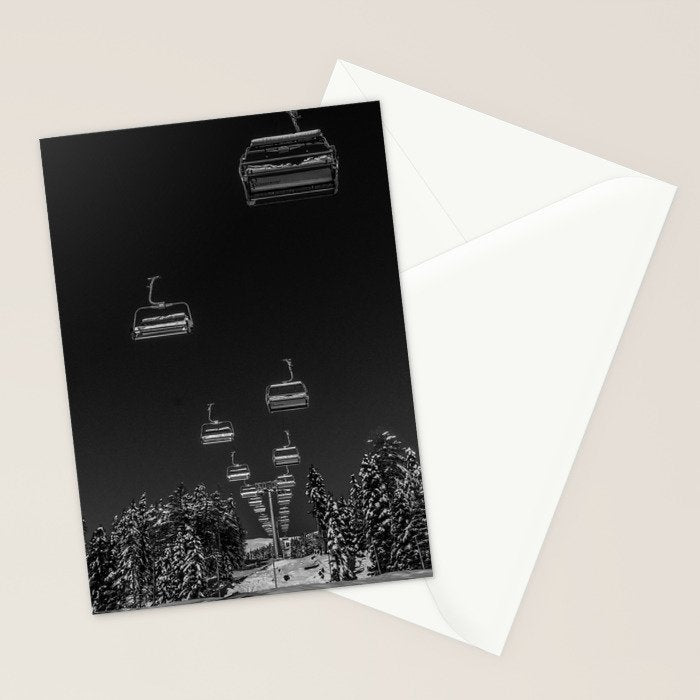 Winter ski slope chair lift amid frozen rime and ice of mountain woods beautiful landscape black and white photograph - photography - photographs Stationery Card Gallery Image 2