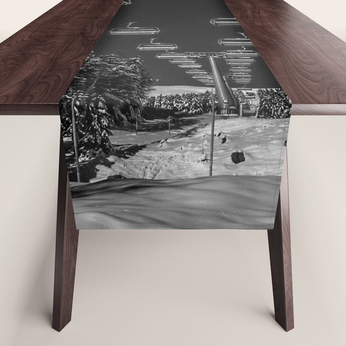 Winter ski slope chair lift amid frozen rime and ice of mountain woods beautiful landscape black and white photograph - photography - photographs Table Runner Gallery Image 1