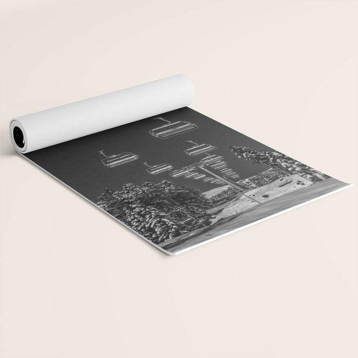 Winter ski slope chair lift amid frozen rime and ice of mountain woods beautiful landscape black and white photograph - photography - photographs Yoga Mat Gallery Image 2
