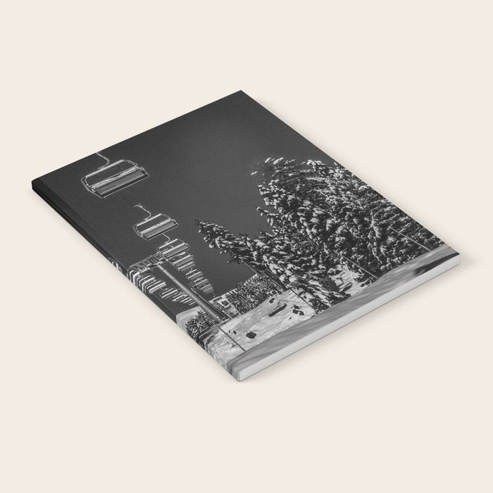 Winter ski slope chair lift amid frozen rime and ice of mountain woods beautiful landscape black and white photograph - photography - photographs Notebook Gallery Image 1