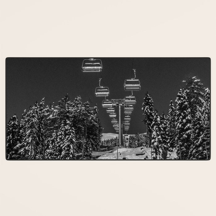 Winter ski slope chair lift amid frozen rime and ice of mountain woods beautiful landscape black and white photograph - photography - photographs Desk Mat Gallery Image 3