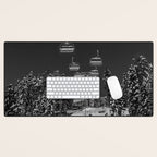 Winter ski slope chair lift amid frozen rime and ice of mountain woods beautiful landscape black and white photograph - photography - photographs Desk Mat Gallery Image 1