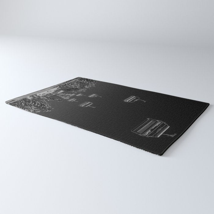 Winter ski slope chair lift amid frozen rime and ice of mountain woods beautiful landscape black and white photograph - photography - photographs Rug Gallery Image 3