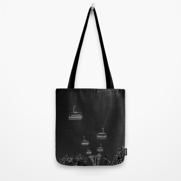 Winter ski slope chair lift amid frozen rime and ice of mountain woods beautiful landscape black and white photograph - photography - photographs Tote Bag Gallery Image 2