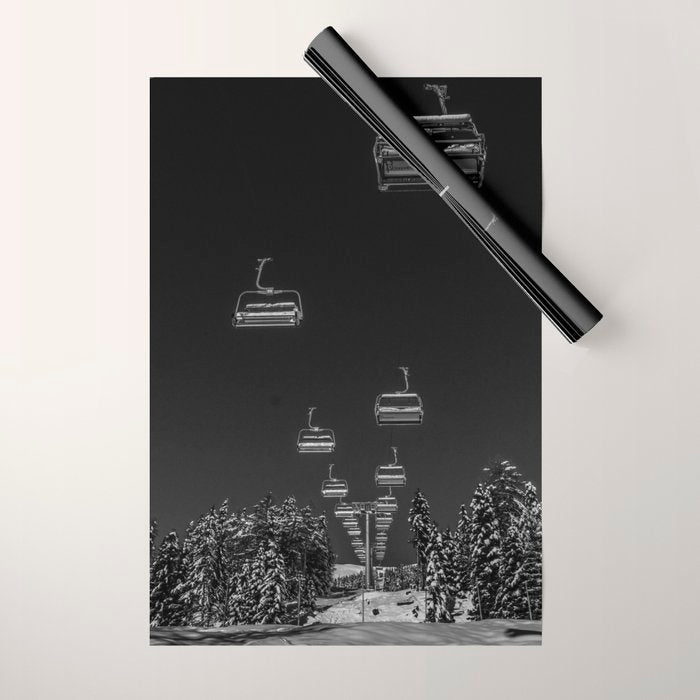 Winter ski slope chair lift amid frozen rime and ice of mountain woods beautiful landscape black and white photograph - photography - photographs Wrapping Paper Gallery Image 1