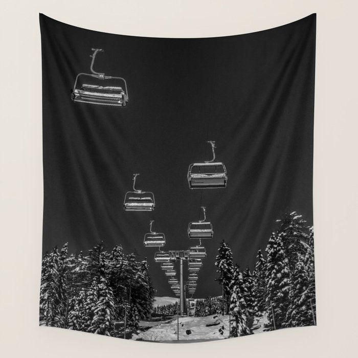 Winter ski slope chair lift amid frozen rime and ice of mountain woods beautiful landscape black and white photograph - photography - photographs Wall Tapestry Gallery Image 1