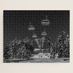 Winter ski slope chair lift amid frozen rime and ice of mountain woods beautiful landscape black and white photograph - photography - photographs Jigsaw Puzzle Gallery Image 1