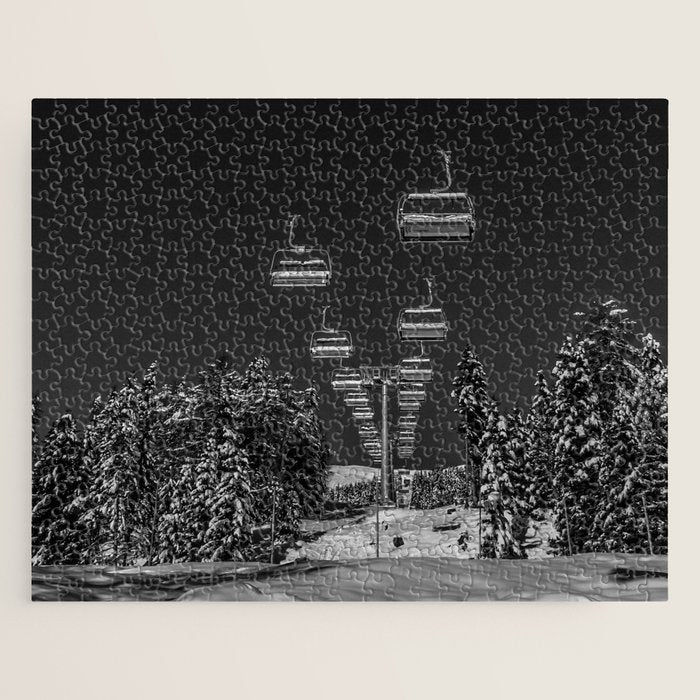 Winter ski slope chair lift amid frozen rime and ice of mountain woods beautiful landscape black and white photograph - photography - photographs Jigsaw Puzzle Gallery Image 1
