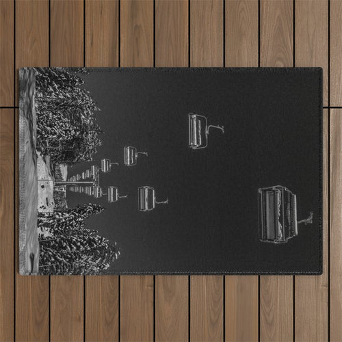 Winter Ski Slope Chair Lift Amid Frozen Rime And Ice Of Mountain Woods Beautiful Landscape Black And White Photograph - Photography - Photographs Outdoor Rug Gallery Image 1