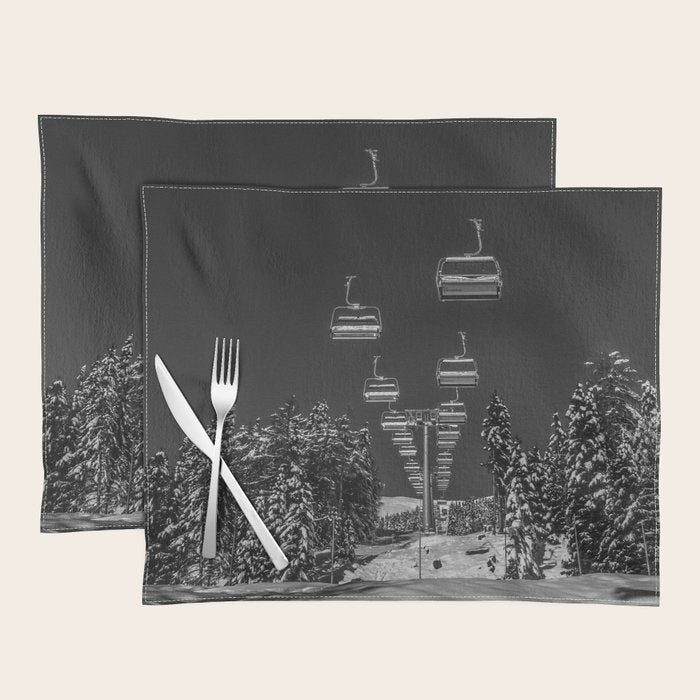Winter ski slope chair lift amid frozen rime and ice of mountain woods beautiful landscape black and white photograph - photography - photographs Placemat Gallery Image 1
