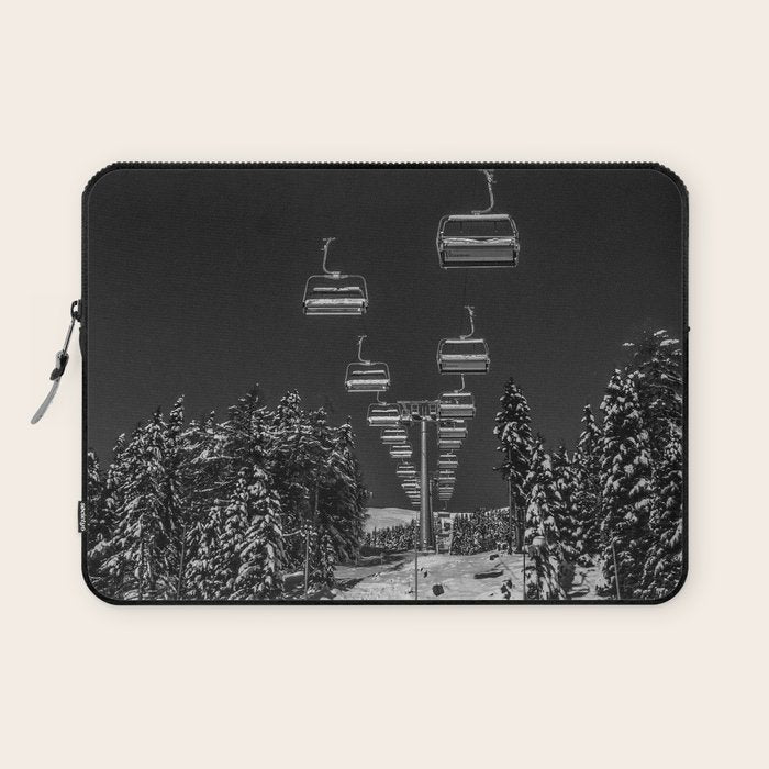 Winter ski slope chair lift amid frozen rime and ice of mountain woods beautiful landscape black and white photograph - photography - photographs Laptop Sleeve Gallery Image 1