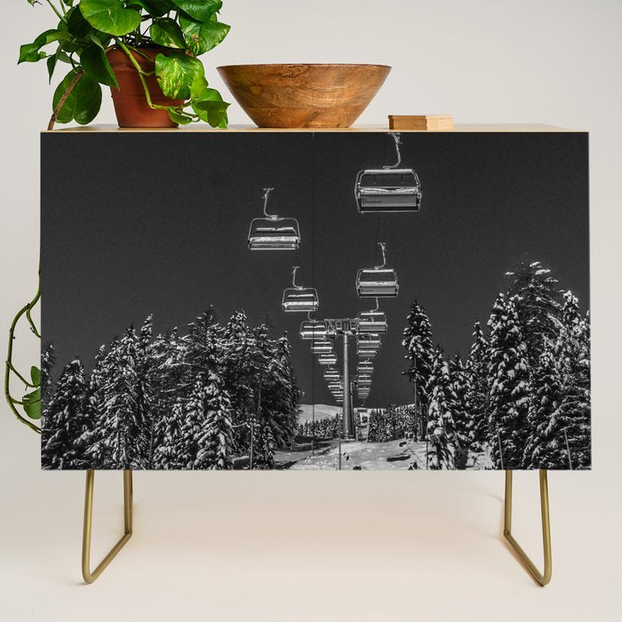 Winter ski slope chair lift amid frozen rime and ice of mountain woods beautiful landscape black and white photograph - photography - photographs Credenza Gallery Image 1