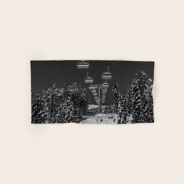 Winter ski slope chair lift amid frozen rime and ice of mountain woods beautiful landscape black and white photograph - photography - photographs Bath Towel Gallery Image 1