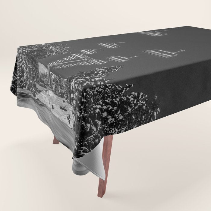 Winter ski slope chair lift amid frozen rime and ice of mountain woods beautiful landscape black and white photograph - photography - photographs Tablecloth Gallery Image 1