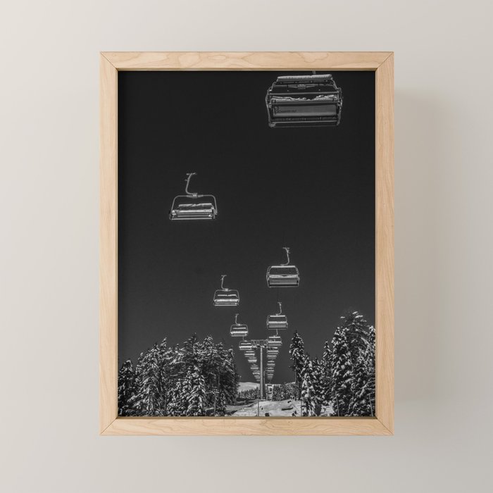 Winter ski slope chair lift amid frozen rime and ice of mountain woods beautiful landscape black and white photograph - photography - photographs Mini Art Print Gallery Image 1