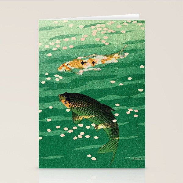 Vintage Japanese Woodblock Print Asian Art Koi Pond Fish Turquoise Green Water Cherry Blossom Stationery Card Gallery Image 2