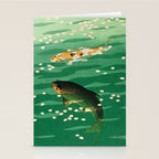 Vintage Japanese Woodblock Print Asian Art Koi Pond Fish Turquoise Green Water Cherry Blossom Stationery Card Gallery Image 2