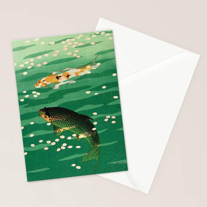 Vintage Japanese Woodblock Print Asian Art Koi Pond Fish Turquoise Green Water Cherry Blossom Stationery Card Gallery Image 2