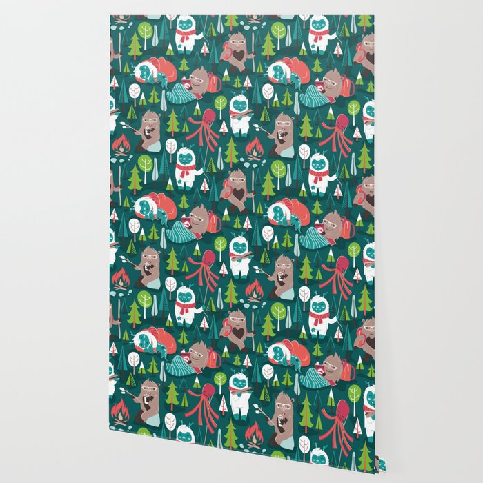 Besties // green background white Yeti brown Bigfoot aqua yellow green and teal pine trees red and coral details Wallpaper Gallery Image 2