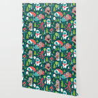 Besties // green background white Yeti brown Bigfoot aqua yellow green and teal pine trees red and coral details Wallpaper Gallery Image 2