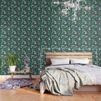 Besties // green background white Yeti brown Bigfoot aqua yellow green and teal pine trees red and coral details Wallpaper Gallery Image 3