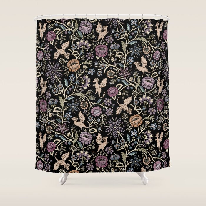 Pollinator Dragons - fantasy, goth floral - muted jewel tones on black Shower Curtain Gallery Image 1