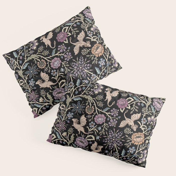 Pollinator Dragons - fantasy, goth floral - muted jewel tones on black Pillow Sham Gallery Image 3