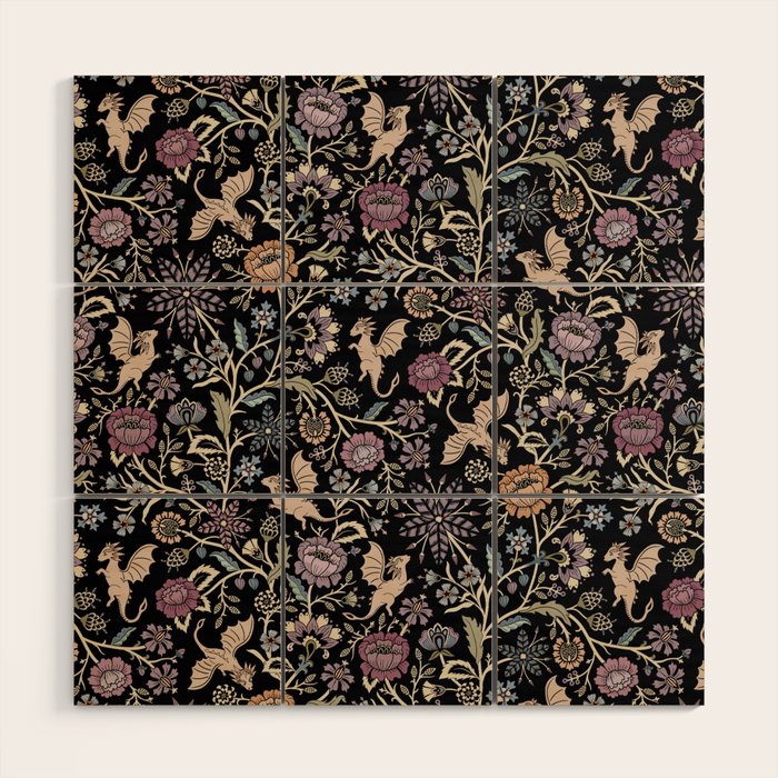 Pollinator Dragons - fantasy, goth floral - muted jewel tones on black Wood Wall Art Gallery Image 1