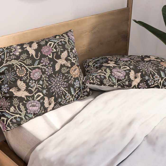 Pollinator Dragons - fantasy, goth floral - muted jewel tones on black Pillow Sham Gallery Image 2