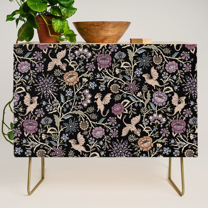 Pollinator Dragons - fantasy, goth floral - muted jewel tones on black Credenza Gallery Image 1