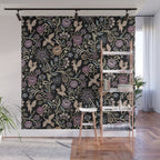 Pollinator Dragons - fantasy, goth floral - muted jewel tones on black Wall Mural Gallery Image 1