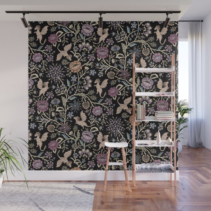 Pollinator Dragons - fantasy, goth floral - muted jewel tones on black Wall Mural Gallery Image 1